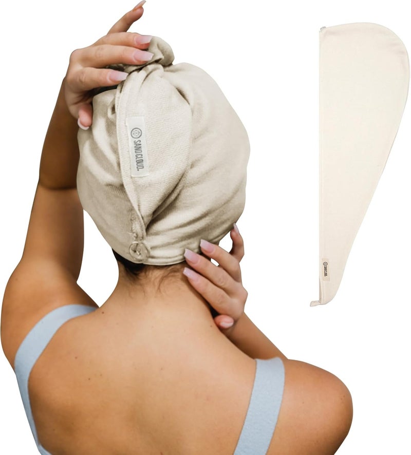 Sand Cloud Cotton Hair Towel Wrap, Ivory - Quick Dry Hair Towel for Wet Hair - 100% Turkish Organic Cotton, Half Terry Weave with Binding Edge - 10" x 15" Lightweight, Frizz-Free Hair Drying Towel - Image 1